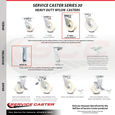 Service Caster 6 Inch Stainless Steel Nylon Caster Set with Ball Bearings 2 Swivel 2 Rigid SCC SCC-SS30S620-NYB-2-R-2